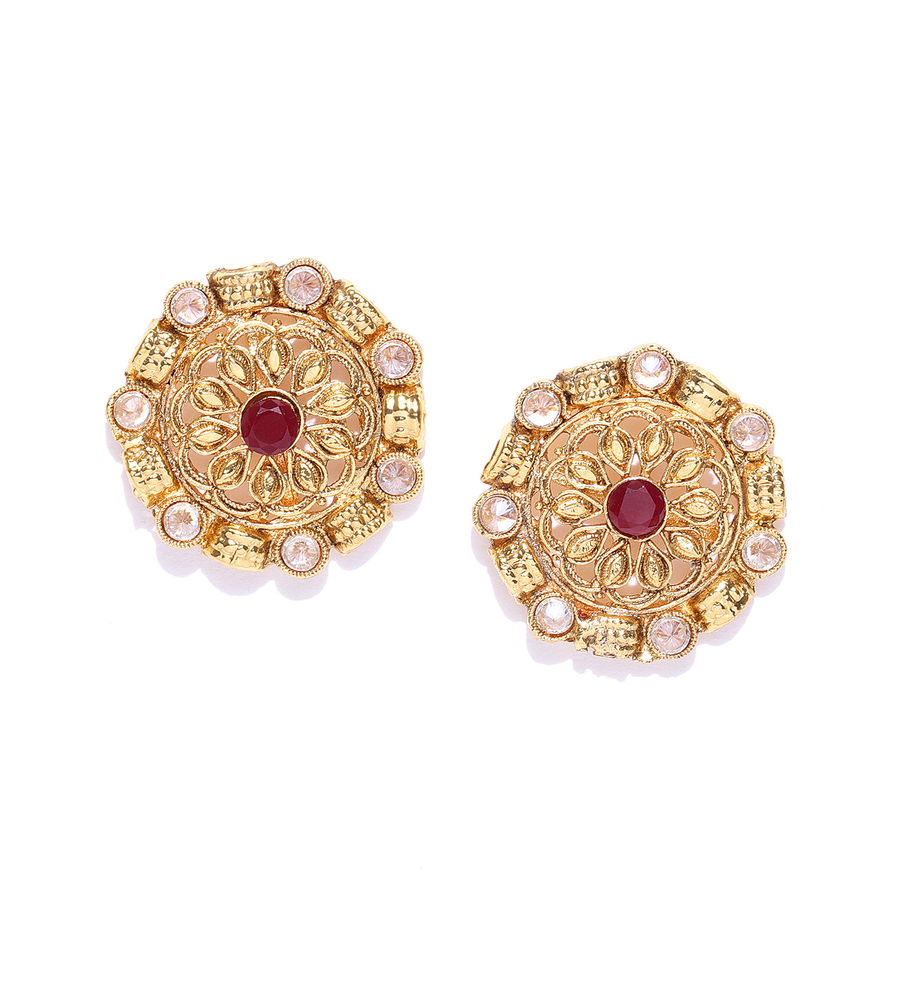 YouBella Red Gold-Plated Textured Circular Oversized Studs